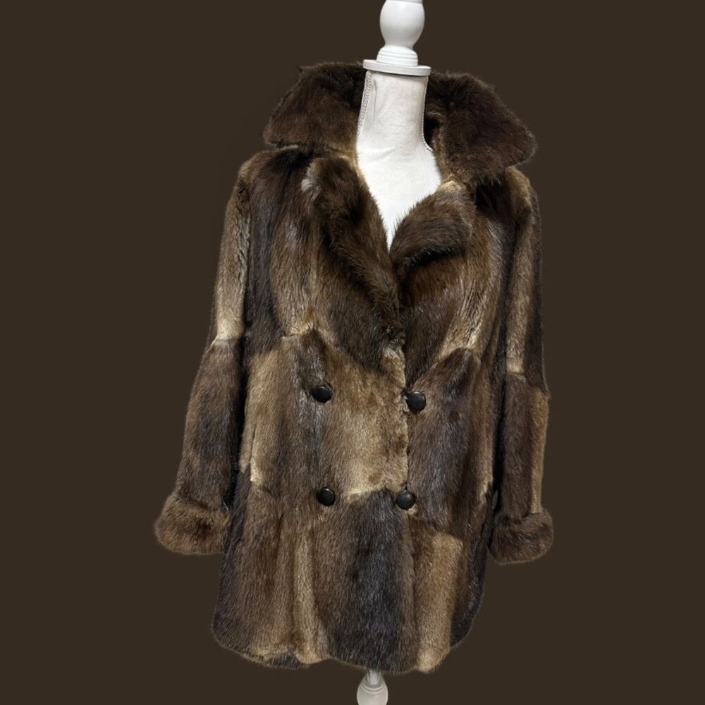 Vintage Brown Real Fur Coat Double Breasted Swing Jacket L XL Estate